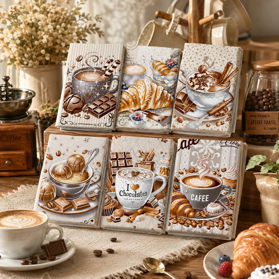 2/4/6pcs Set, Dish Towel, Kitchen Towel, Coffee Croissant Chocolate Pattern Printed Tea Towel, Dish Cloth, Cleaning Cloth, 40cm*60cm Soft Absorbent Drying Cloth, Kitchen Decor, Table Decor, Home Goods, Used For Kitchen Wiping Cookware Or Holiday Gift, Gift For Mom, Housewarming Gift, Reusable Kitchen Cleaning Cloth - Multicolor - View 1