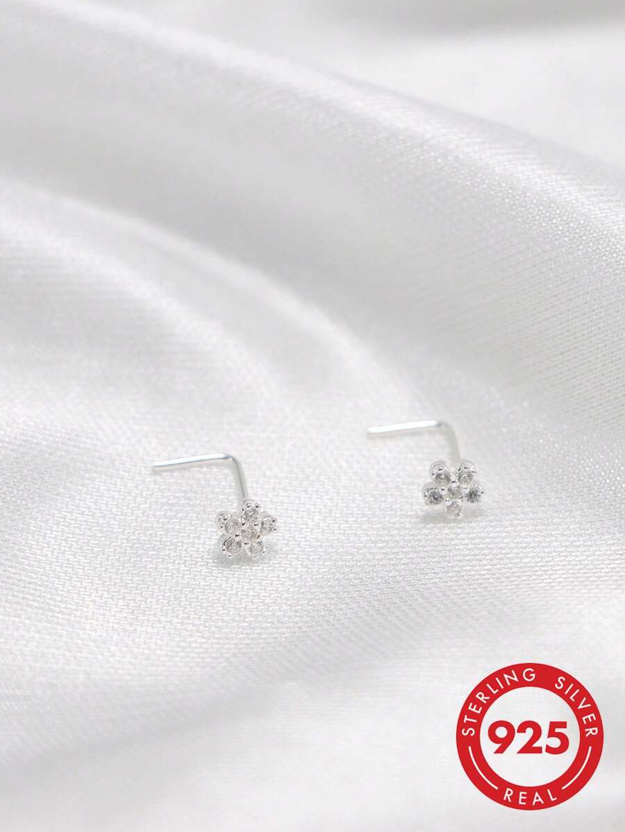 1 chiếc khuyên mũi bằng bạc sterling 925 đính đá Zirconia hình hoa. - Bạc - Xem 1