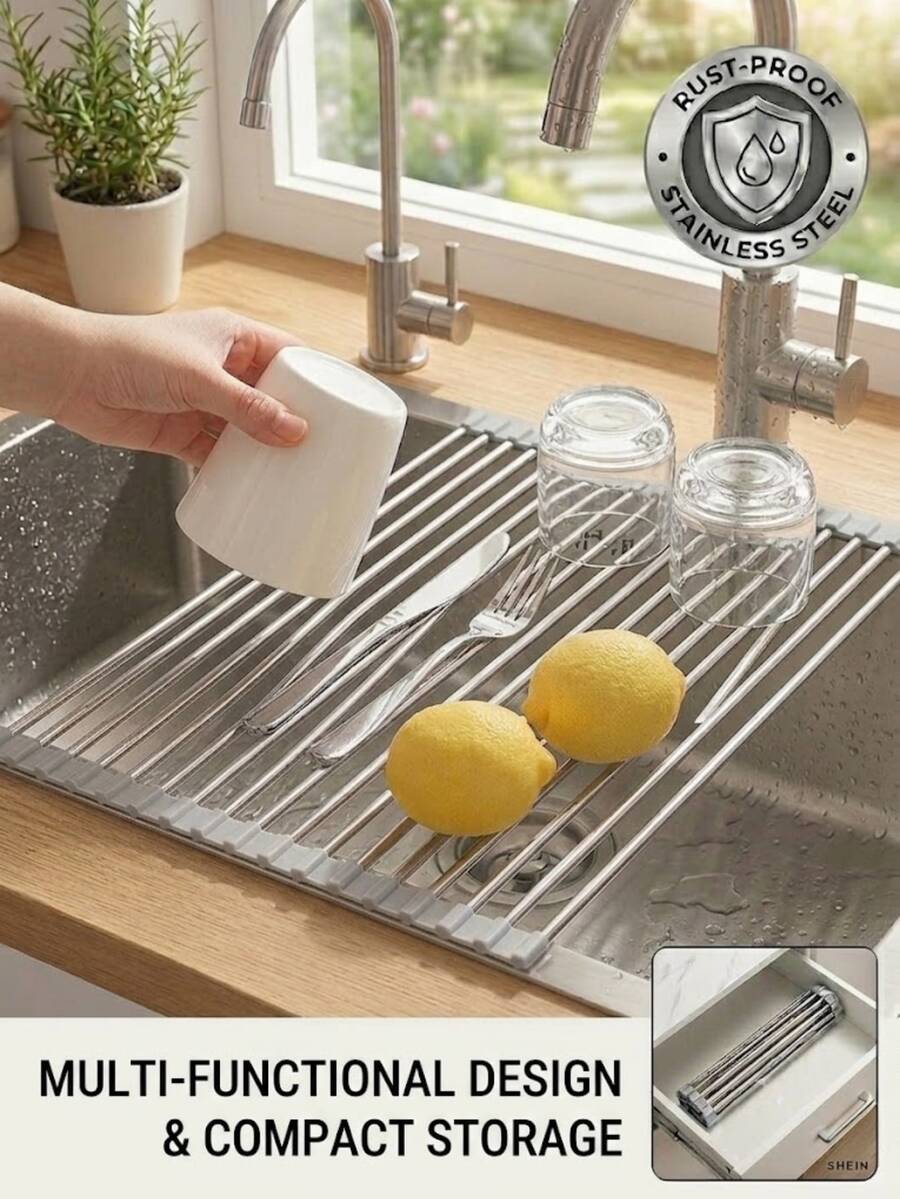 1pc Stainless Steel Expandable Dish Rack, Adjustable Support, Suitable For Sink Top, Black And Gray Color, Multi-Functional Kitchen Sink Storage Rack, Suitable For Vegetables, Fruits, Kitchen Utensils, Kitchen And Bathroom, New Year And Christmas Gift