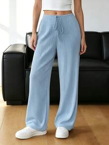 Women's Single Piece Soft Comfortable Ribbed Elastic Waistband With Pockets Faux Drawstring Design Low Waist Straight Leg Pants, Early Autumn Style Suitable For Outdoor Casual Daily Commute Home Slouchy Street Wear - Sky Blue - View 4