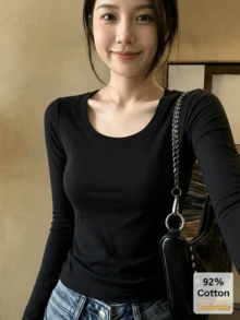 女款秋季純棉長袖T恤，黑色百搭上衣，修身純色內搭打底衫 - 黑色 - 查看 3