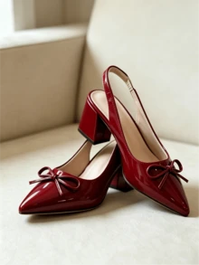 Sandalias de tacón grueso de con lazo para mujer, zapatos planos de corte bajo con espalda abierta, zapatos mules de tacón medio para oficina y citas, zapatos planos versátiles de corte bajo - Rojo - Ver 2