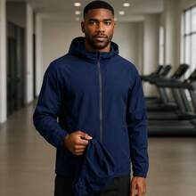 Men's Waterproof Windbreaker With Removable Hood Black Sports Jacket For Gym Or Running - 藏蓝色 - 查看 5