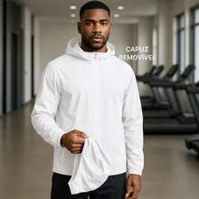 Men's Waterproof Windbreaker With Removable Hood Black Sports Jacket For Gym Or Running - 白色 - 查看 5
