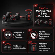 Mancuernas Octogonales Ajustables 3 en 1 15 kg con Barra y Pesa Rusa, Juego de Pesas Desmontable Antideslizante Antirrodillo para Flexiones, Ideal para Principiantes y Avanzados, Entrenamiento Completo en Casa y Residencia - 15 kilos - Ver 6