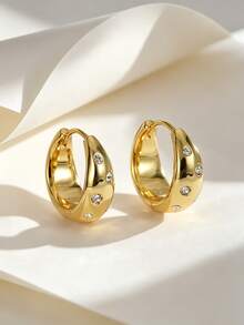 18K Gold Plated Chunky Teardrop Huggie Hoop Earrings, Pave Dot Zirconia Click Hoops Modern Daily Jewelry For Women - Gold 2 - View 1