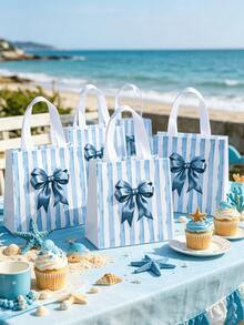 6pcs Ocean Theme Bow Gift Bags, Blue Bow Paper Gift Bags, Women's Birthday Christmas Party Favor Candy Bags With Handles, Suitable For Beach Party Decoration, Hawaiian Party Decoration, Summer Decoration (Blue, Large Bow) - Multicolor - View 7