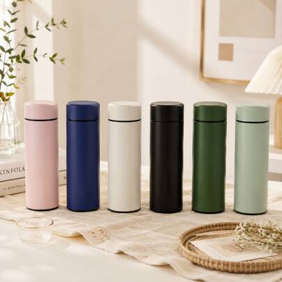 1pc 480ml Minimalist Stainless Steel Vacuum Insulated Bottle, Leakproof Portable Travel Coffee Cup, Slim Water Bottle For Office, School, Car, Commuting, Hot & Cold Drinks, Solid Color Gift Cup