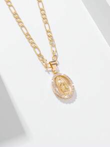 4pcs Virgin Mary Pendant Necklace, 14k Gold Plated Copper Exquisitely Crafted, Paired With 60cm Classic Figaro Chain, Carrying Blessing And Protection Meaning, Suitable For Commuting, Shopping, Holiday Gifts, Church Prayer, Simple And Timeless Design. - Yellow Gold - View 9