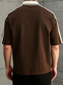 男士圖案T恤，巴西球衣－傳奇10號，透氣針織布料V領對比設計 - 棕色 - 查看 3