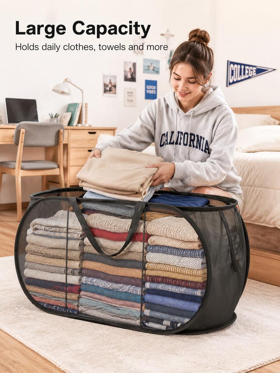 Large Capacity Foldable Dual Compartment Storage Basket, Suitable For Bedroom, Bathroom And Dormitory Laundry Basket, Can Store Clothes And Miscellaneous Items, Back To School Dorm Essentials, Random Color