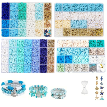 Ocean Blue Soft Clay Slices Set, Handmade DIY Beading Material Kit, Self-Made Ocean Blue Bracelet, Shell Fish Tail Pendant Accessories, Multi-Compartment Box Loose Beads Spacers, Beginner Handmade Jewelry Accessories Raw Materials