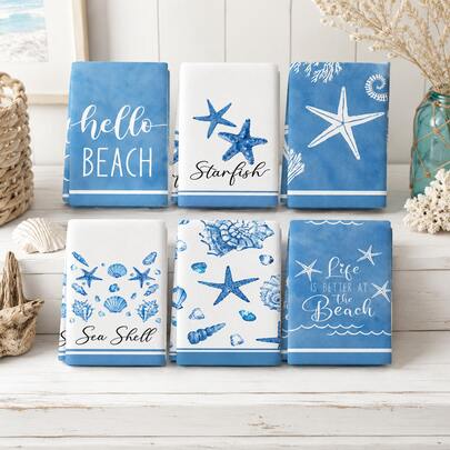 2/4/6 piezas/Set, Toalla de cocina, Toalla de cocina, Toalla de mano de baño con tema de océano de dibujos animados modernos, Toalla de mano suave, Diseño de estrella de mar y concha marina, Lavable a máquina, Toalla de mano rectangular, Adecuada para suministros de fiesta en la playa, Regalo para mamá, Regalo de inauguración de la casa, Paño de limpieza de cocina reutilizable para decoración de cocina del hogar
