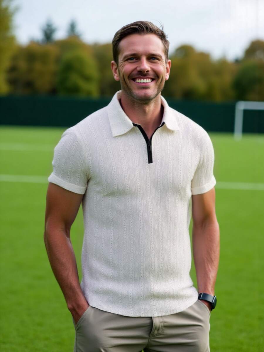 Cardigan polo de jacquard de verano para hombre, color beige sólido, estilo deportivo, cuello vuelto, media cremallera, manga corta, adecuado para negocios, deportes, uso casual - Albaricoque - Ver 1