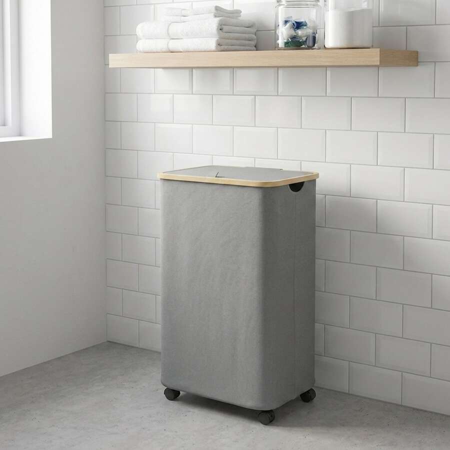26 Gal (100L) Rolling Laundry Hamper With Wheels And Lid For College Dorm - Back To School Large Clothes Basket With Bamboo Handle, Portable Dirty Clothes Organizer Bins For Dormitory & Bedroom - 灰色 - 查看 1