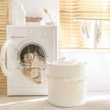 1pc Extra Large Handwoven Storage Basket - Bohemian Style, With Cute Tassel Decoration, Decorative Basket, Laundry Basket, Suitable For Storing Magazines, Toys, Blankets And Clothes, Home Decor - Home Storage Container. - White - View 8