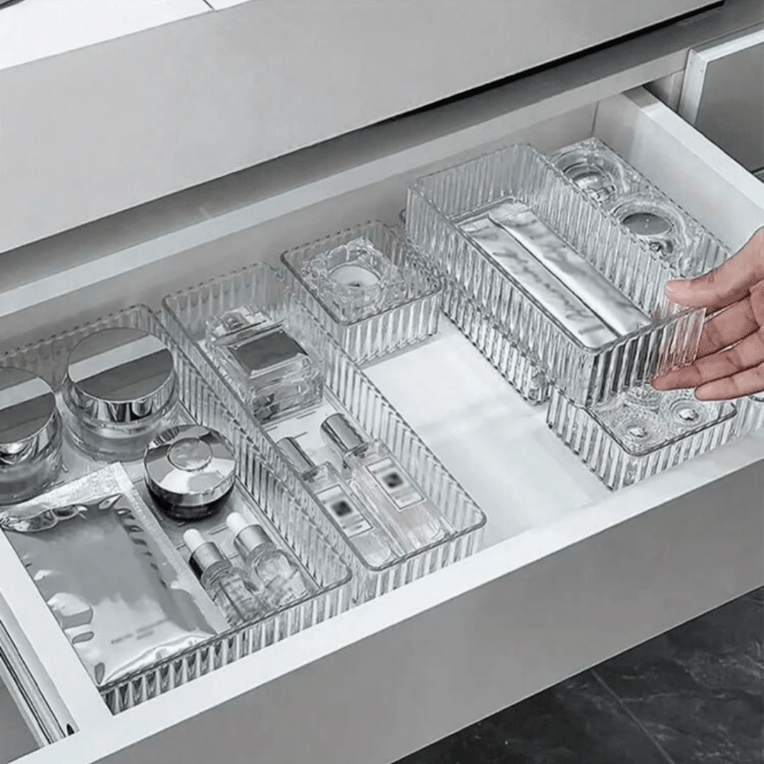 HOUSHELIF 5pcs/7pcs/10pcs Drawer Style Cosmetic Storage Box, Perfume Storage Container, Vanity Skincare Storage Box, Transparent Multi-Size Combination Lotion And Sample Storage Box, Suitable For Storing Cosmetics, Bathroom Cabinet Storage, Office Supplies - Clear - View 1
