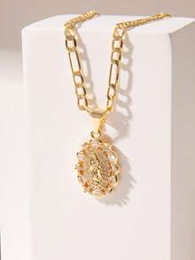4pcs Virgin Mary Pendant Necklace, 14k Gold Plated Copper Exquisitely Crafted, Paired With 60cm Classic Figaro Chain, Carrying Blessing And Protection Meaning, Suitable For Commuting, Shopping, Holiday Gifts, Church Prayer, Simple And Timeless Design. - Yellow Gold - View 8