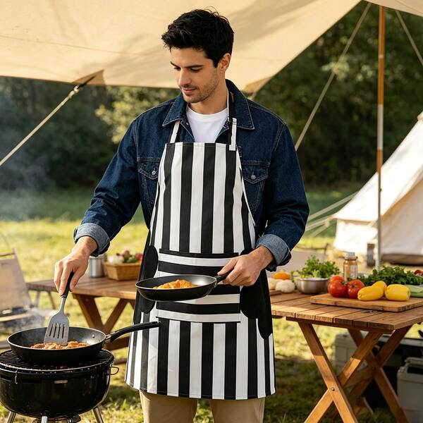 Delantal de cocina a rayas blanco y negro con toalla de mano, delantal con correa de cuello ajustable y diseño de bolsillo, delantal impermeable para cocinar y hornear, adecuado para hombres y mujeres