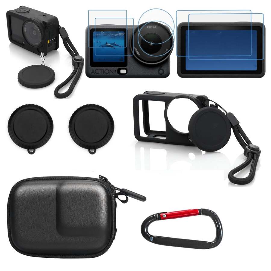 Camera Accessories Kit For D JI Osmo Action 6 Portable Mini Storage Case With Carabiner Silicone Protective Cover 6 Pack Screen Protectors 2 Pcs Rubber Lens Caps Anti-Loss Lanyard Full Protection Set - View 1