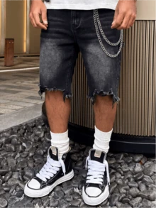 男士黑色毛邊休閒百慕達短褲，直筒休閒短褲，不對稱剪裁毛邊做舊設計，四季百搭款 - 黑色 - 查看 1