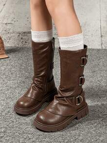 Autumn/Winter Girls' Mid-Calf Leather Boots, Brown Ruched Stacked Boots With Metal Buckle Side Zipper, Thick Sole Anti-Slip Western Style Children's Long Boots - Brown - View 1