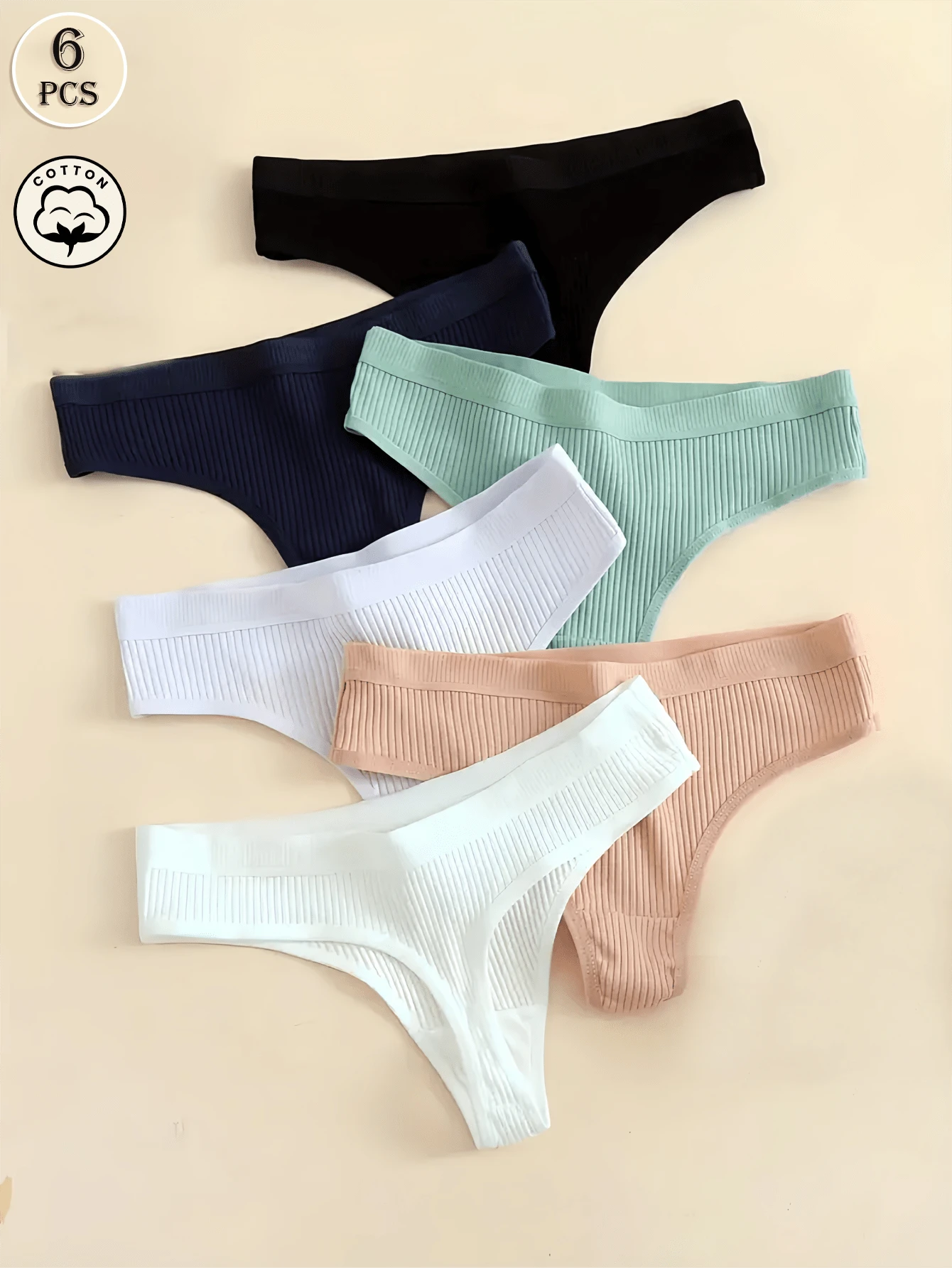 6 piezas Tangas de mujer de unicolor minimalista, transpirables y acanaladas - Multicolor - Ver 1