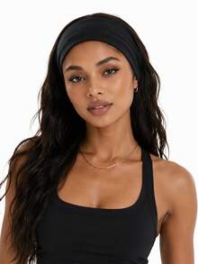 Solid Color Yoga Headband, Soft Cotton Elastic Sweat-Absorbing Non-Slip Headband, Unisex, Breathable Running Fitness Sports Sweatband - Black - View 4