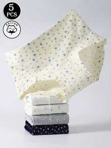 5 chiếc/gói Quần lót nữ bằng cotton, họa tiết hoa, nơ, thiết kế dễ thương, cạp trung, che phủ toàn diện, không đường may - Nhiều màu - Xem 3