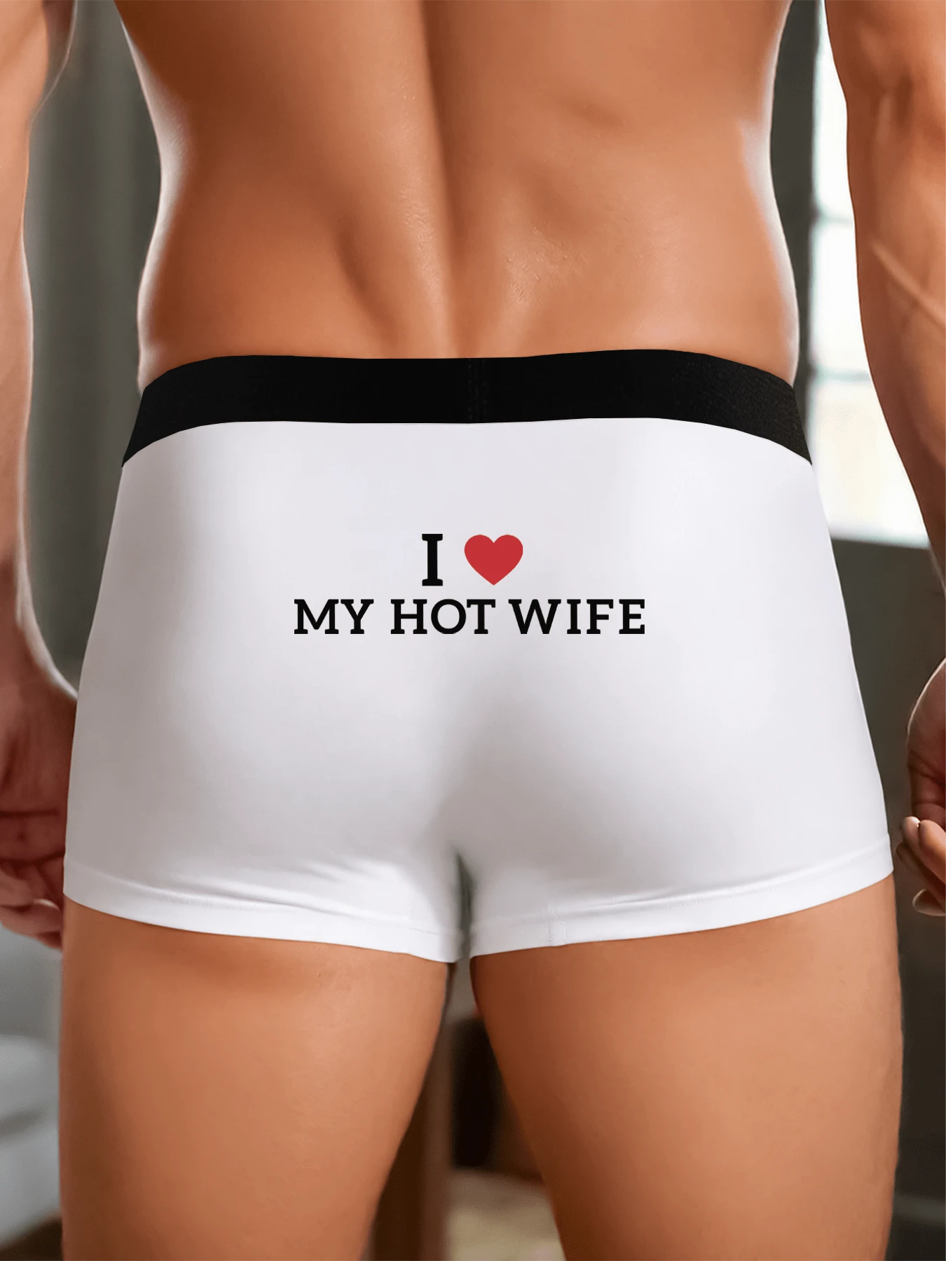 1件男士四角內褲,「I Love MY HOT WIFE」印花,適合情侶日常/驚喜,彈性腰帶,柔軟舒適內著 - 白色 - 查看 1