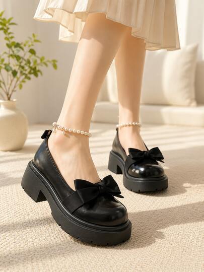 Zapatos Mary Jane Mujer Piel Sintética Negra con Lazo Decorativo y Tobillera de Perlas Desmontable, Calzado de Plataforma Gruesa Elegante para Salidas Juveniles, Eventos y Uso Diario
