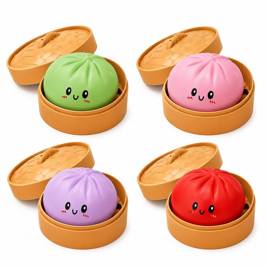 Dumpling Squishy Gitter 4Pcs Green Pink Purple Red Dumpling Squishy Toy Set With Steamer Box, Slow Rising Stress Relief Squeeze Fidget - 4 pcs B - 查看 1