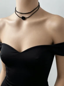 1pc Women's Vintage French Red Rose And Black Rose Flower Double Layer Necklace, Unique Design Choker Collarbone Chain - Necklace - View 8