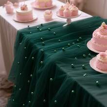 Multiple Colors Available Pearl Tulle Table Runner, Elegant Sheer Mesh Table Decor For Wedding, Party, Bridal Shower & Romantic Dining Setup - Dark Green Pearl Mesh - View 3