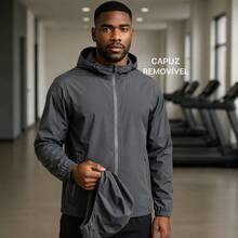 Men's Waterproof Windbreaker With Removable Hood Black Sports Jacket For Gym Or Running - 灰色 - 查看 5