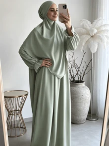 柔軟布料 Khimar 長袍套裝，寬鬆大尺碼長袖保守全身長洋裝，適合中東女性日常街頭穿著 - 彩色 - 查看 4