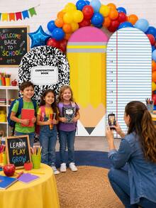 3pcs-Back To School Season Decorative Arch-Shaped Polyester Backdrop Cover, Notebook Paper Pencil Pattern Composition Round Top Background Cover, First Day Of School Classroom Decoration, Suitable For Back To School Classroom Student Portrait Photography, Back To School Party Decoration - Multicolor - View 7