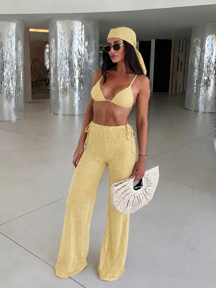 Set Bikini Halter Kotak-kotak Kuning 3 Potong, Penutup Berbentuk Jala, Pakaian Renang Gaya Liburan Seksi - MultiWarna - View 1
