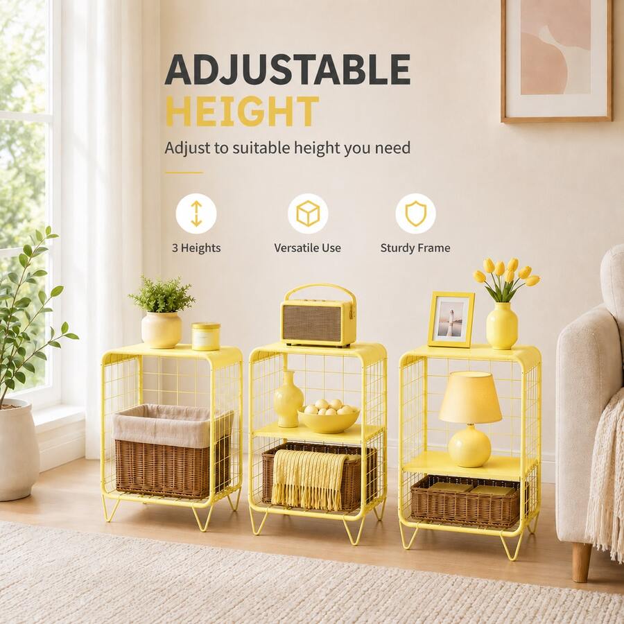 TOOLF Metal Side Table,Cute Nightstand,3 Tier End Table With Storage,Vintage Bedside Table,Girls Bedroom Furniture,Accent Table,Small Coffee Table For Living Room,Bedroom,Dorm, Pink White Blue Yellow Purple Green - 黃色 - 查看 1