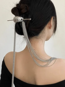 1pc Cool Long Tassel Hair Stick, New Chinese Style Tassel Hair Pin, Suitable For Ponytail Hairstyle - Silver - View 1