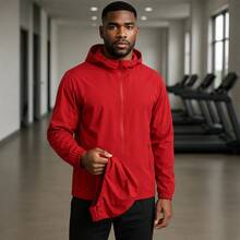 Men's Waterproof Windbreaker With Removable Hood Black Sports Jacket For Gym Or Running - 紅色 - 查看 5