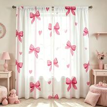 2 buah Tirai Tipis Dekorasi Pita Merah Muda, Dihiasi dengan Pola Pita dan Hati yang Romantis, Desain Garis-garis Merah Muda dan Cetakan 2D yang Serasi. Gaya yang Imut dan Manis, Cocok untuk Kamar Tidur dan Ruang Tamu Anak Perempuan. - MultiWarna - View 2