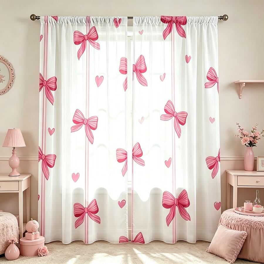 2pcs Pink Bowknot Decor Sheer Curtains, Decorated With Romantic Bowknot And Heart Patterns, Matching Pink Striped And 2D Printed Design. Cute And Sweet Style, Suitable For Girls' Bedroom And Living Room. - Multicolor - View 1