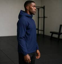 Men's Waterproof Windbreaker With Removable Hood Black Sports Jacket For Gym Or Running - 藏蓝色 - 查看 4