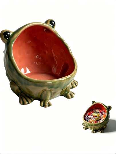 Plato de cerámica con diseño de rana linda y boca grande, escultura divertida, adecuado como bandeja para llaves en la mesa de entrada, plato de cerámica con forma de rana para joyas, plato divertido para dulces y tarro de galletas, decoración para el hogar, cocina u oficina