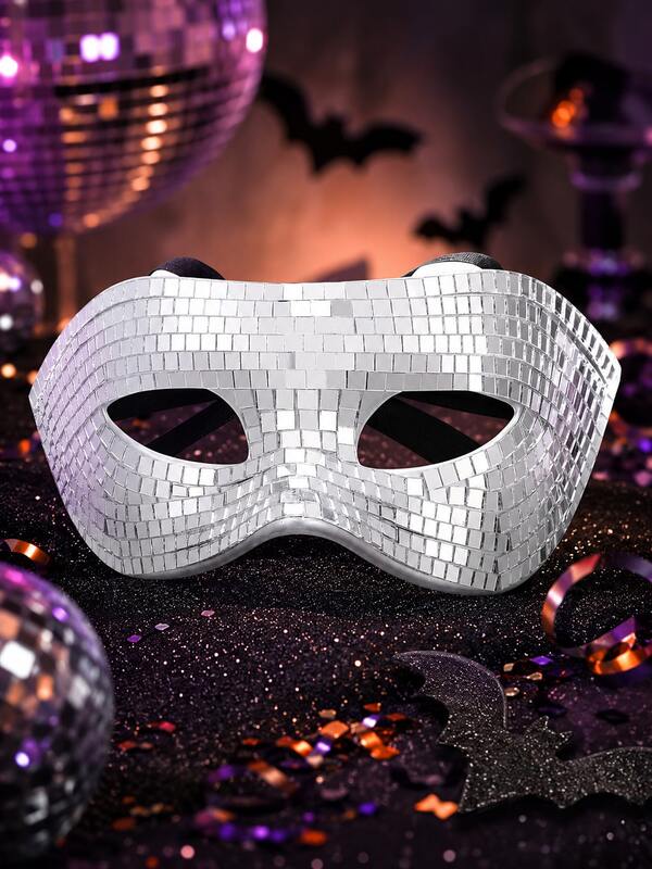 1pc Halloween Silver Disco Mirror Mosaic Masquerade Eye Mask, Adjustable Elastic Strap Party Mask For Halloween Costume, Disco Party, Masquerade Ball & Photo Booth Accessory