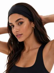 Solid Color Yoga Headband, Soft Cotton Elastic Sweat-Absorbing Non-Slip Headband, Unisex, Breathable Running Fitness Sports Sweatband - Black - View 3