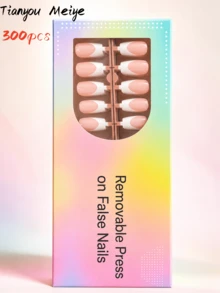300/10pcs Handmade Medium Coffin Press-On Nails, Glittery Pink French Design Nails, Perfect For Girls, Summer Look, Easy-To-Wear Fake Nails For Vacations And Trips, Stylish Nail Products For Travel - Baby Pink - View 9