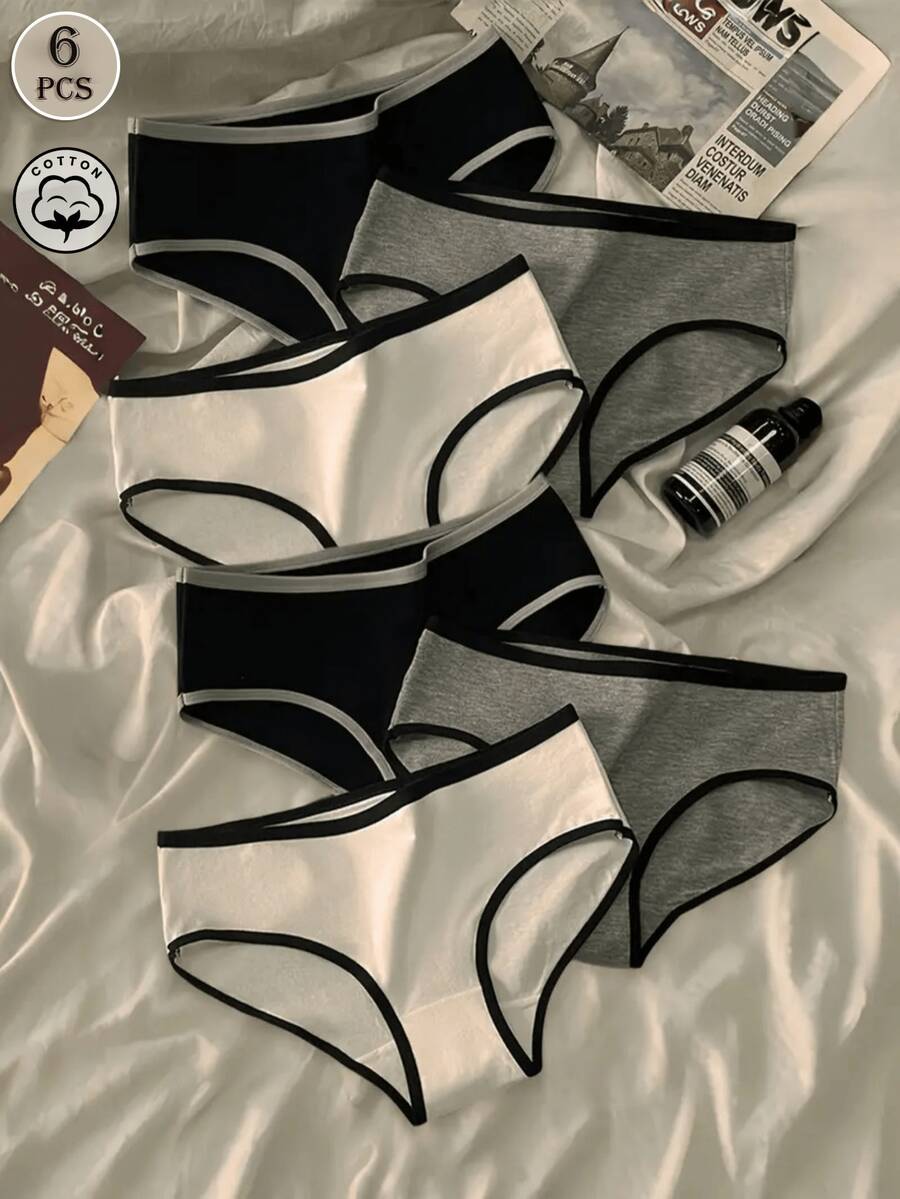 6pcs Women's Colorful Sports Minimalist Style Underwear, Mid Rise Black White Gray Triangle Panties - Black - View 1