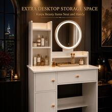 White LED Vanity Desk With Round Lighted Mirror, Makeup Vanity Table With Open Storage Shelves, Wide Drawer, Side Cabinet, Bottom Shelf, Modern Dressing Table Organizer For Bedroom, Apartment, Dorm Room, Small Spaces - 白色 - 查看 6